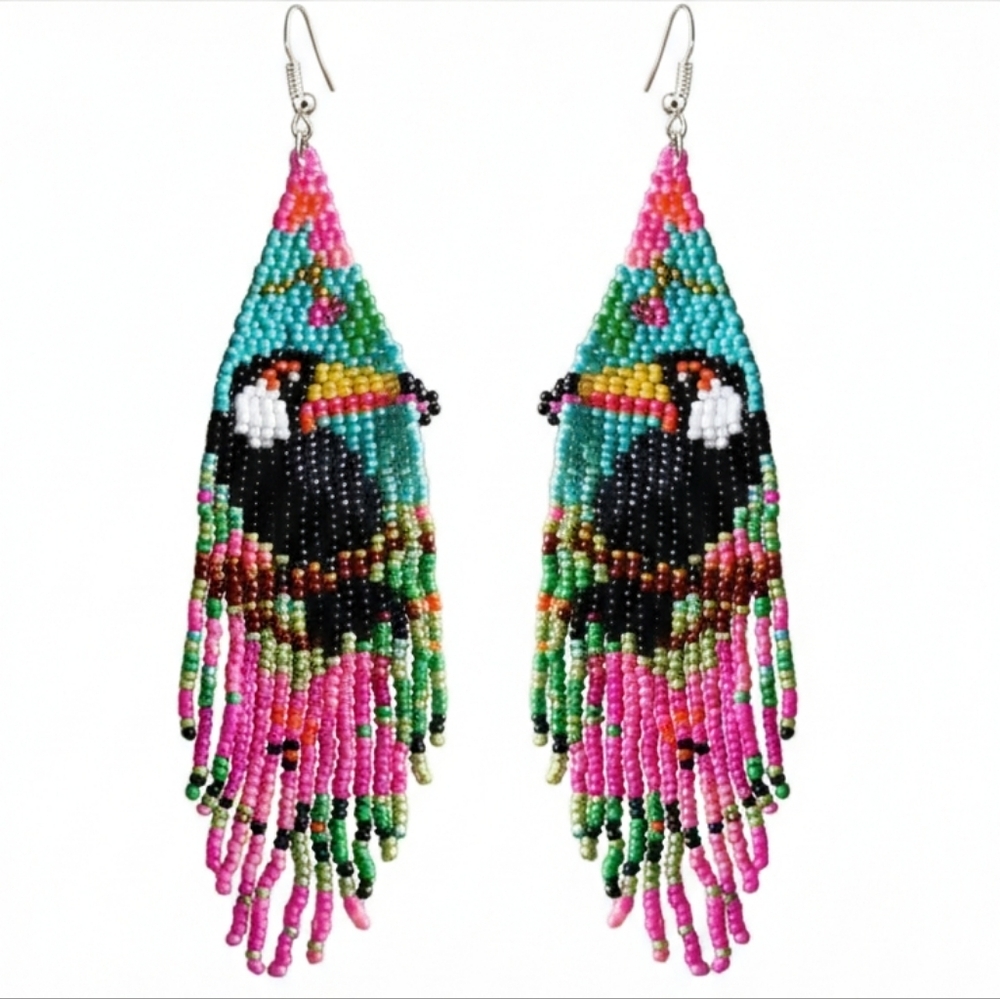 🆕️ Handcrafted Colorful Toucan Beaded Statement Earrings Pink Tropical Bird